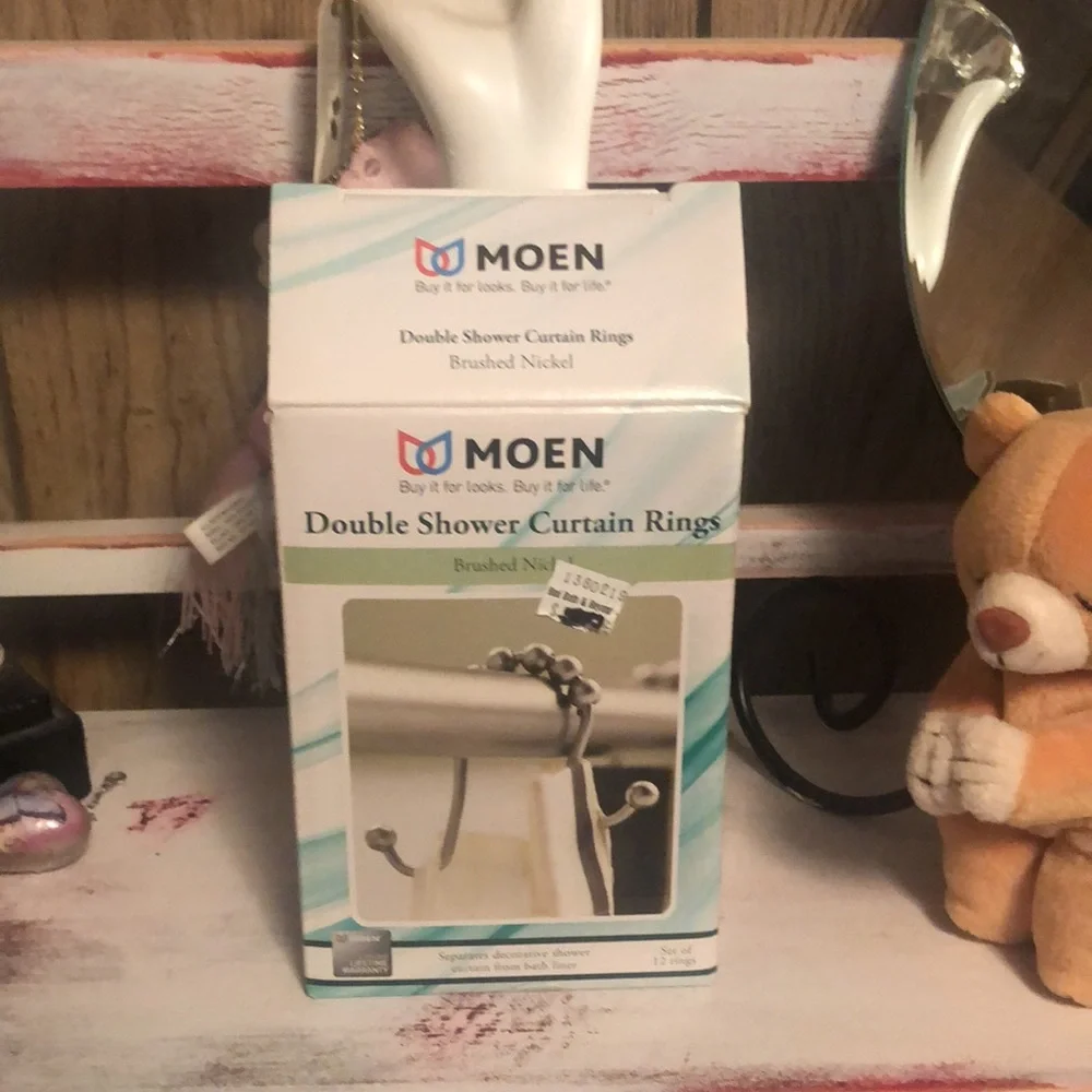 New In Box “MOEN” Double Shower Curtain Rings-Brushed Nickel